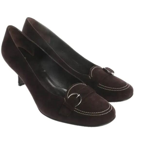 |Stuart Weitzman| Brown Suede Buckle Pumps with Kitten Heel - Picture 1 of 12